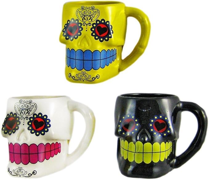 Things2Die4 3 Count Day of the Dead Sugar Skull 16oz Ceramic Figural Coffee Mugs - sugar skull tumbler with straw