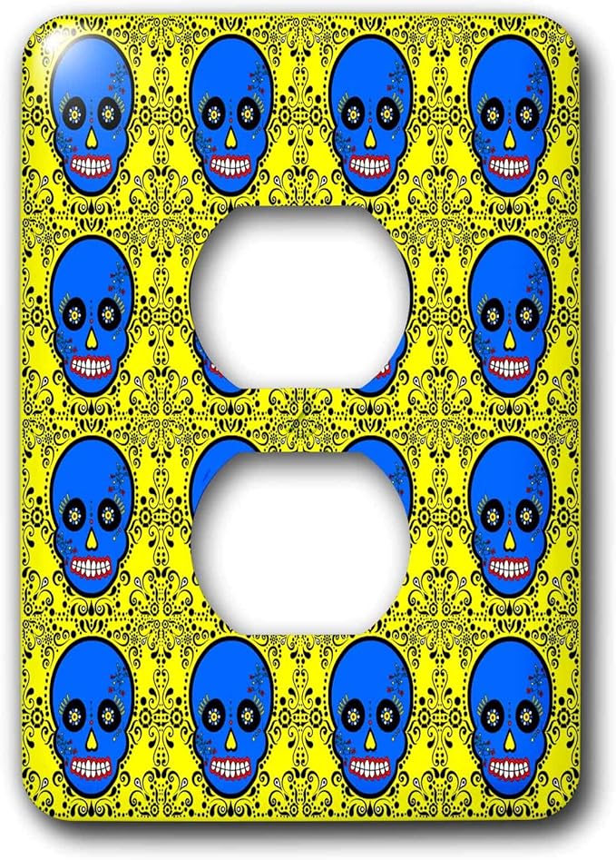 3dRose lsp_28889_6 Two Plug Outlet Cover with Day of The Dead Skull Día De Los Muertos Sugar, Skull Blue/Yellow - sugar skull plates set