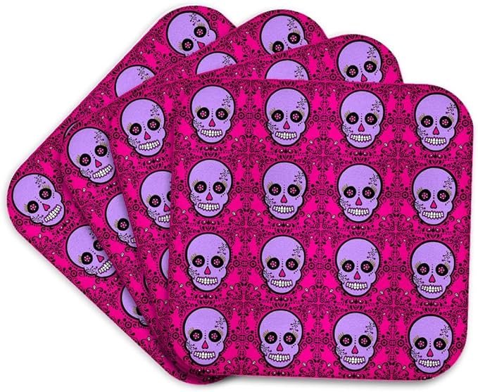 3dRose cst_28885_1 Day of The Dead Skull Dia De Los Muertos Sugar Skull Print Purple Pink-Soft Coasters, Set of 4 - sugar skull coasters set
