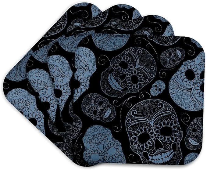 3dRose CST_110444_1 Blue Sugar Skulls Day of The Dead Art Soft Coasters, Set of 4 - sugar skull coasters set
