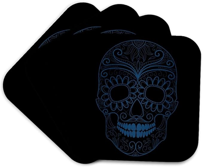 3dRose CST_130487_1 Blue and Black Sugar Skull Day of The Dead Art Soft Coasters, Set of 4 - sugar skull coasters set