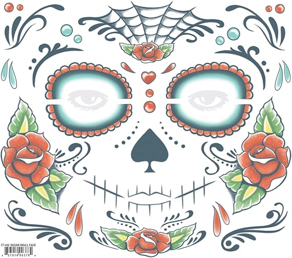 Morris Costumes Day of The Dead Tattoo - sugar skull temporary tattoo