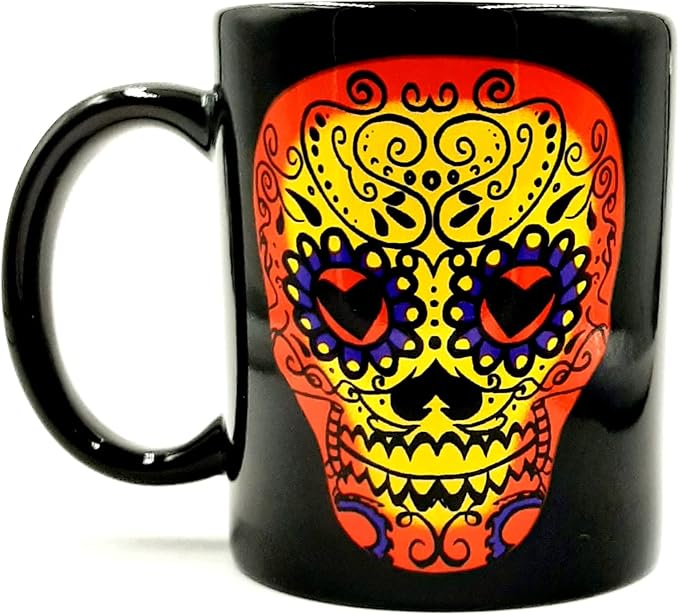 Day of the Dead Sugar Skull Ceramic Coffee Mug (Black) - sugar skull tumbler with straw