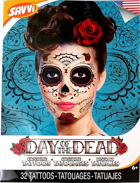 Red Roses Day of the Dead Sugar Skull Temporary Face Tattoo Kit - Pack of 2 Kits - SALE! - sugar skull temporary tattoo