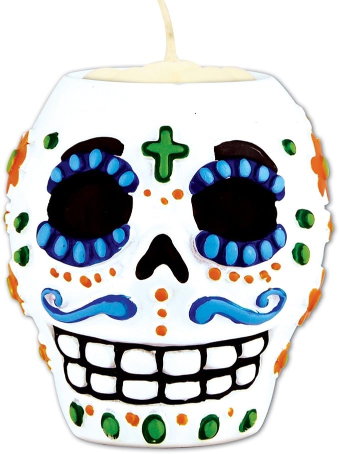 Beistle 6-Piece Day of The Dead Male Tea Light Holder, White - sugar skull candle holder