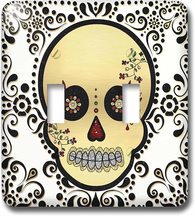 3dRose lsp_175370_2 Sugar Skull Gold and Black Light Switch Cover - sugar skull plates set