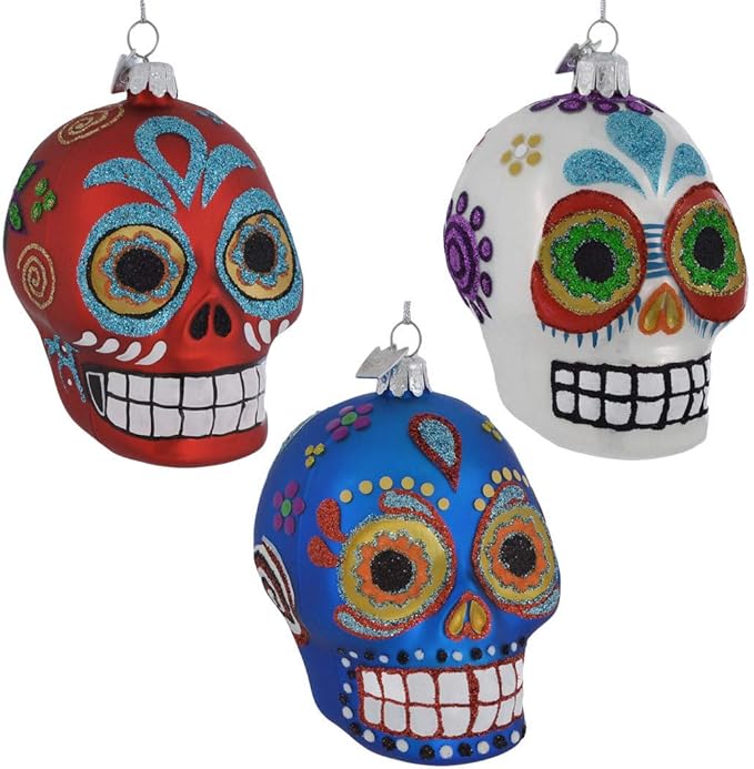 Kurt S. Adler Noble Gems™ Sugar Skull Glass Ornaments, 3 Assorted - sugar skull christmas ornament