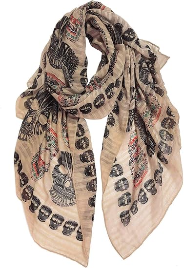GERINLY Cool Skull Scarfs for Women Large Wrap Shawls Lightweight Cotton Scarves Halloween Calavera Accessory - sugar skull flower crown
