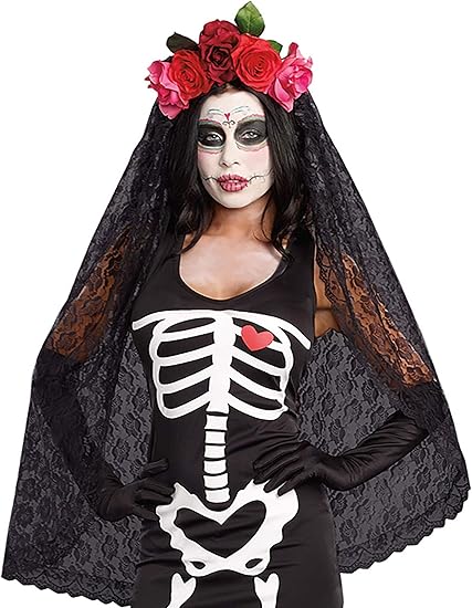 Dreamgirl Womens Day of the Dead Headpiece Halloween Costume, Dia de Los Muertos Sugar Skull Costume Headpiece for Adults - sugar skull flower crown