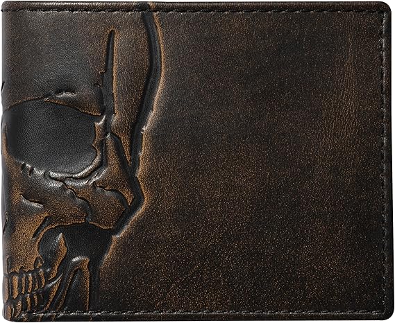 Skull Bifold Wallet for Men with Two ID Windows, Full Grain Cowhide Leather Wallet, Black - sugar skull wallets for women