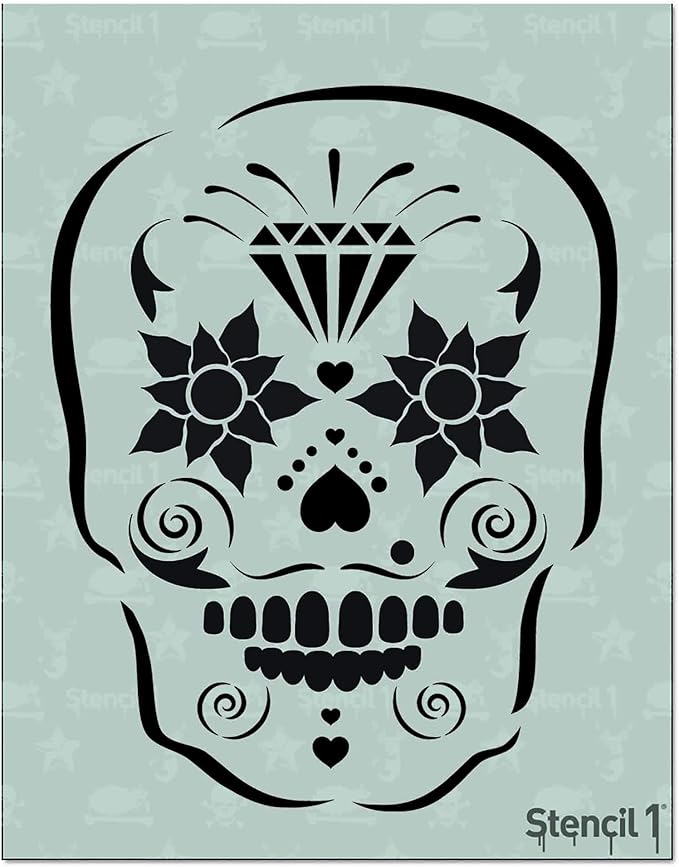 Stencil1 Sugar Skull 8.5 X 11 - Durable Quality Reusable Stencils for Drawing Painting - Skeleton Stencil Halloween Day of The Dead Decorating Items and Decor on Walls Fabric & Furniture Art Craft - sugar skull makeup kit