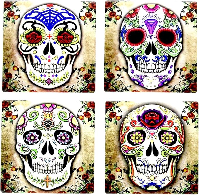 Day of the Dead Dia De Muertos - Sugar Skull Spirit 4 Inch by 4 Inch Ceramic Tile Coaster - Set of 4 - sugar skull coffee cup