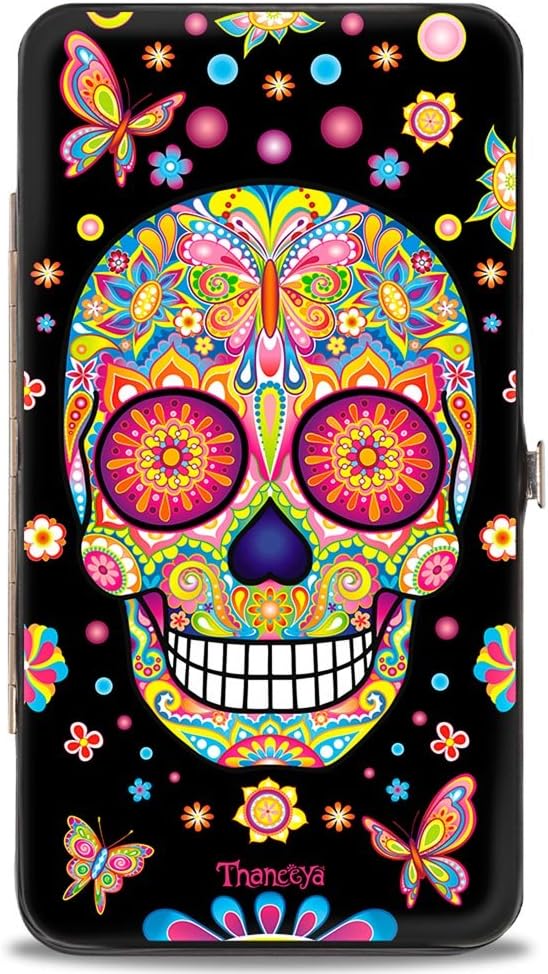 unisex adults Buckle-down Hinge - Mariposa Calaveras/Butterflies/Flowers Black/Multi Color Wallet, Thaneeya Sugar Skulls, 7 x 4 US - sugar skull wallets for women