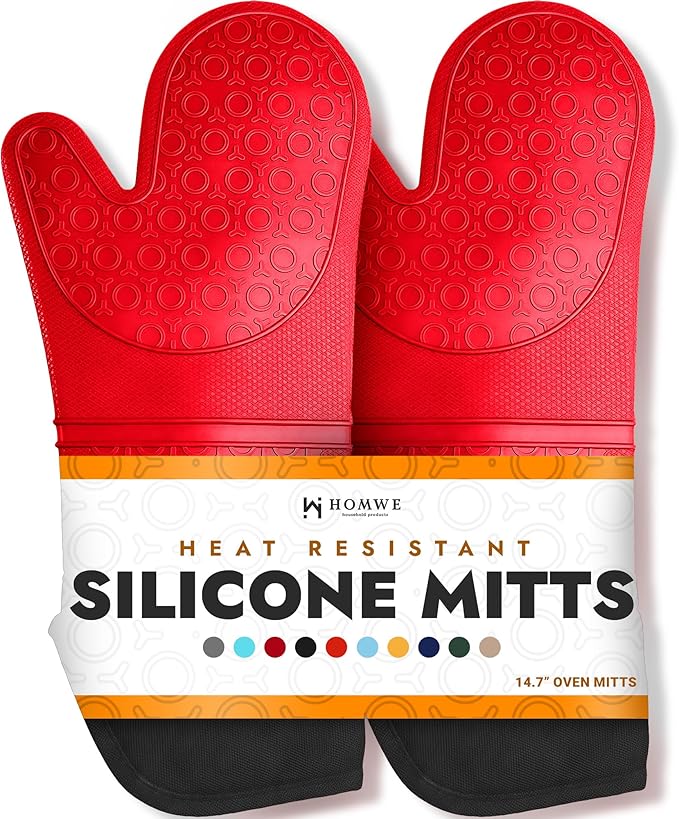 BPA-Free Soft Silicone Oven Mitts - Ultra Heat Resistant Oven Mitts with Thick Cotton Liner - Extra Long Slip Resistant Pot Holders, Flexible Oven Gloves - Red/Black 14.7" - sugar skull oven mitts