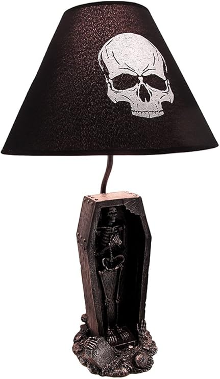 Zeckos Shadows of Twilight Skeleton in a Coffin Table Lamp - with Black Fabric Skull Print Shade - Creepy Bedroom or Living Room Gothic Decor - 22 Inches High - sugar skull table lamp