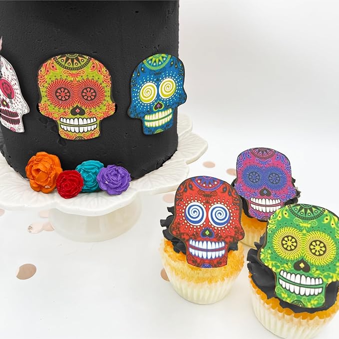 Large Edible Sugar Skulls Assorted Set of 12 - Wafer Cake & Cupcake Toppers - edible sugar skulls for cake decorating - Dia De Los Muertos & Halloween cupcake toppers - sugar skull figurine collectible