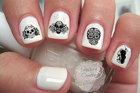 Black Sugar Skull Set 3 Nail Art Decals - sugar skull nail art