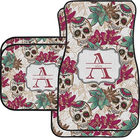 RNK Shops Personalized Sugar Skulls & Flowers Car Floor Mats Set - 2 Front & 2 Back - sugar skull car floor mats
