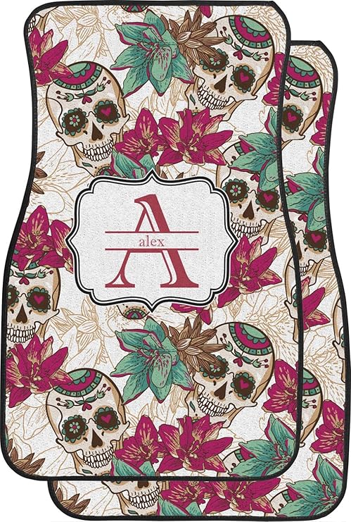 Personalized Sugar Skulls & Flowers Car Floor Mats (Front Seat) - sugar skull car floor mats