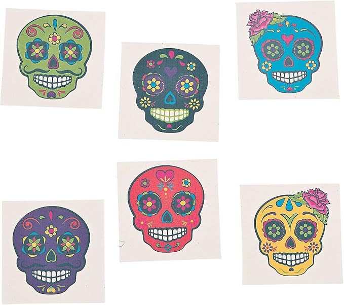 Sugar Skull Temporary Tattoos - Day of the Day and Halloween Accessories - 72 Pieces - sugar skull temporary tattoo