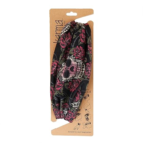 Karma Sugar Skull Headband for Women - Wide - Fabric Headband and Stretchy Hair Scarf - Black, 1 Count (Pack of 1) - sugar skull flower crown
