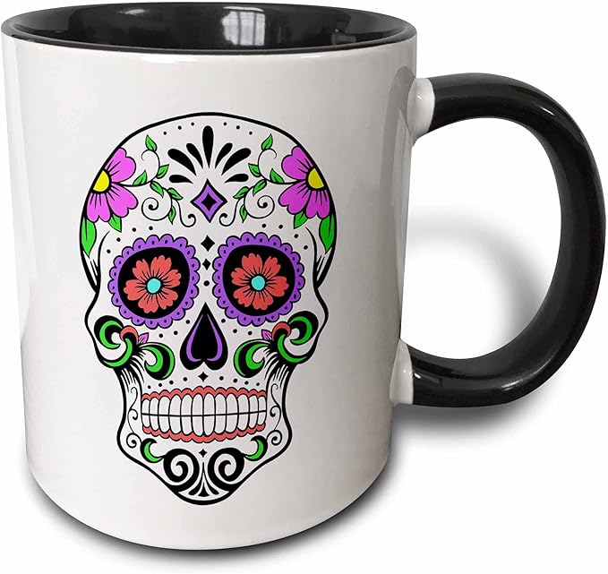 3dRose Sugar Skull Pink Two Tone Mug, 11 oz, Black - sugar skull coffee cup