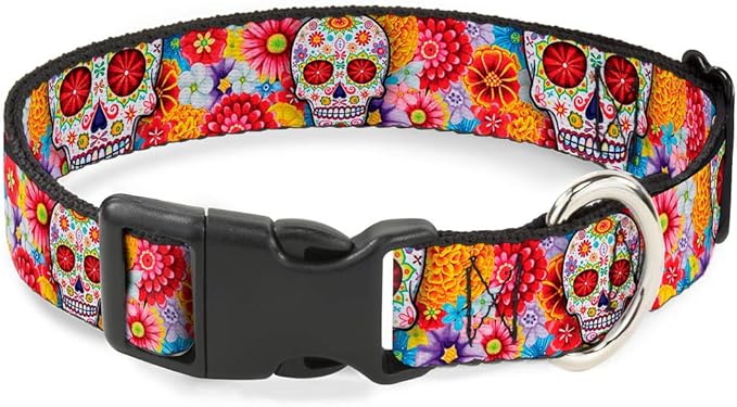 Buckle-Down Plastic Clip Collar - Sugar Skull Starburst White/Multi Color - 1.5" Wide - Fits 16-23" Neck - Medium - sugar skull wallets for women