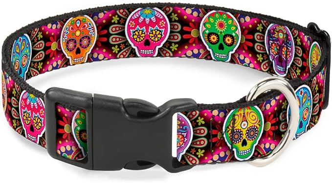Buckle-Down Plastic Clip Collar - Six Sugar Skulls Multi Color - 1" Wide - Fits 15-26" Neck - Large - sugar skull wallets for women