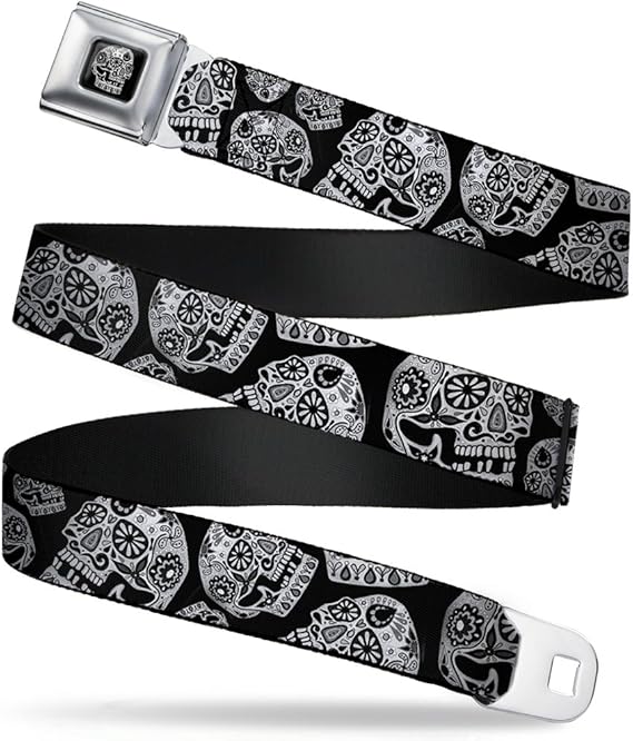 Seatbelt Belt - The Dust of Living II Sugar Skulls Black/White - 1.0" Wide - 20-36 Inches in Length - sugar skull wallets for women