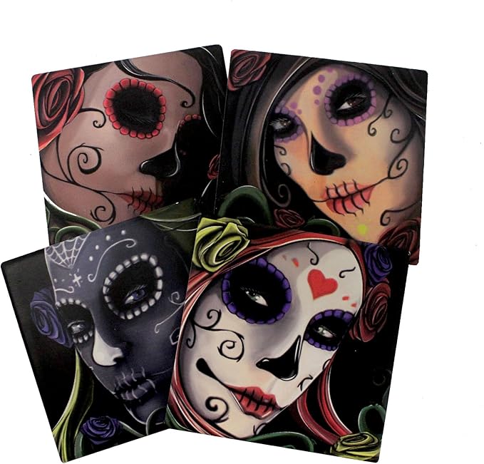 Day Of The Dead Sugar Skull Sisters Coaster Set of 4 By DWK | Decorative Ceramic Coaster Tiles With Cork Backing - sugar skull coasters set