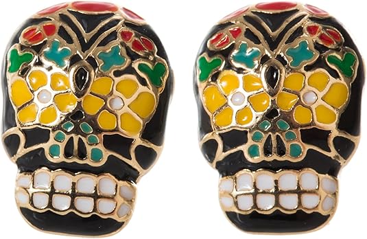 Black and Goldtone Sugar Skull Stud Earrings - sugar skull handbags for sale