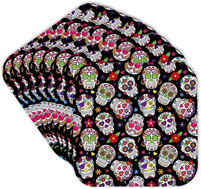 3dRose Colorful Scattered Sugar Skulls On A Black Background Pattern-Soft Coasters, Set of 8 (CST_222323_2), Multicolor - sugar skull coasters set