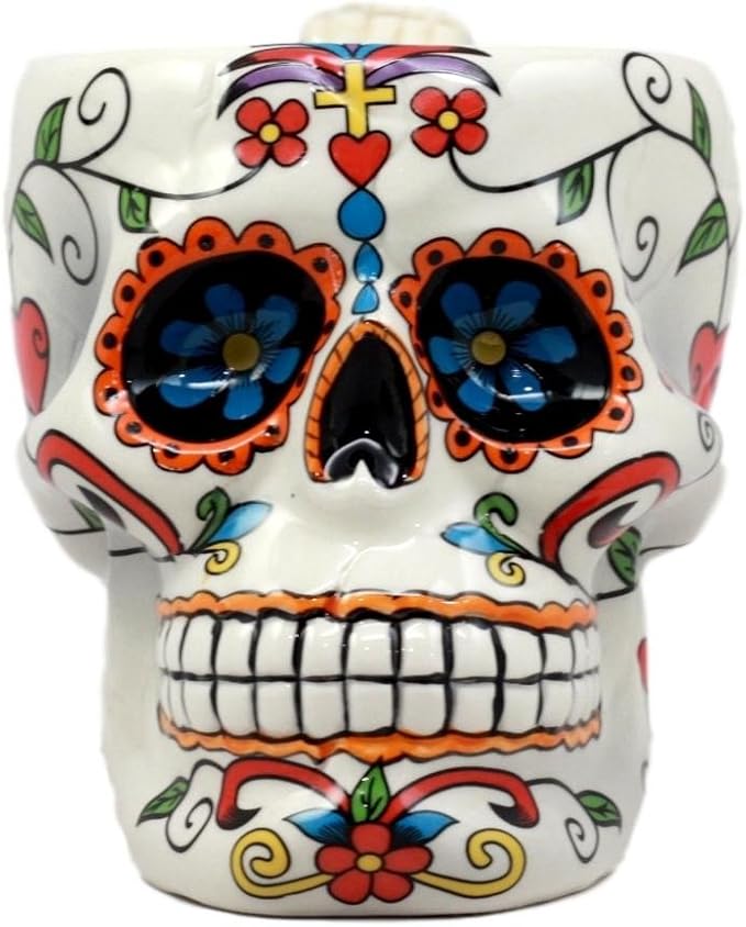 White Tribal Day of The Dead Crucifix Rosario Sugar Skull Drink Coffee Mug Cup Ceramic - sugar skull coffee cup