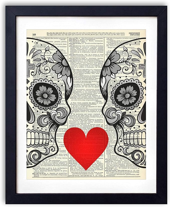 Skull Love, Vintage Dictionary Art Print, Modern Contemporary Wall Art for Home Decor, Boho 8x10 Inches, Unframed (Sugar Skull Love #2) - sugar skull poster print