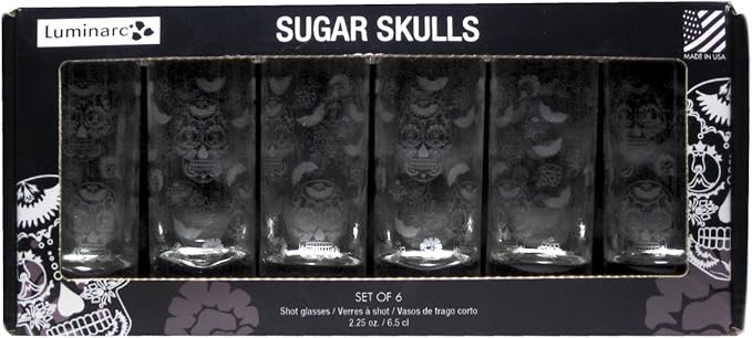 Luminarc Sugar Skulls Satin Etched Shot Glass (Set of 6), 2.25 oz - sugar skull wine glass