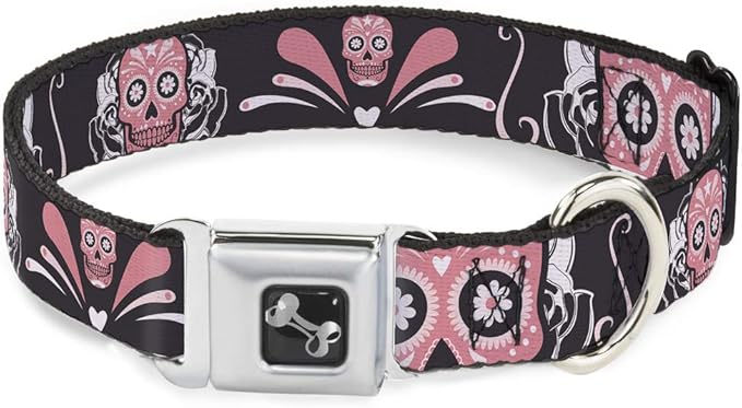 Dog Collar Seatbelt Buckle Sugar Skulls Gray Pink 15 to 26 Inches 1.0 Inch Wide - sugar skull throw pillow