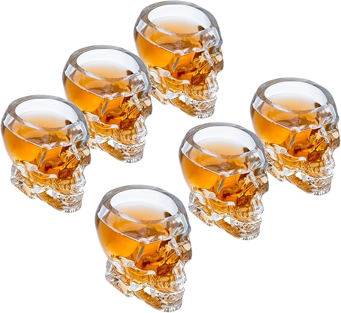 MyGift Set of 6 Skull Shot Glasses – 2.8 oz Clear Glass Novelty Drinkware for Halloween Parties, Cocktail Bars & Home Decor – Spooky 3D Skull Design - sugar skull wine glass