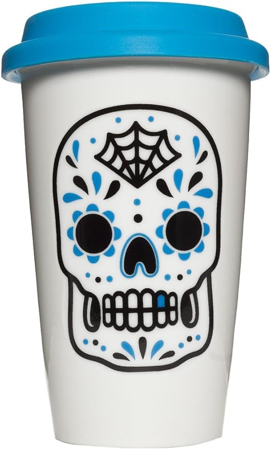 Blue Sugar Skull Tumbler from Sourpuss - sugar skull tumbler with straw
