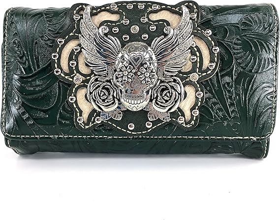 Tooled Winged Sugar Skull Roses Laser Cut Wristlet Trifold Wallet Attachable Long Strap - sugar skull handbags for sale