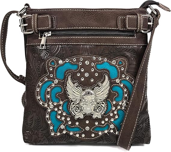 Tooled Winged Sugar Skull Roses Laser Cut Chain Shoulder Concealed Carry Handbag Purse Wallet Messenger Bag - sugar skull handbags for sale