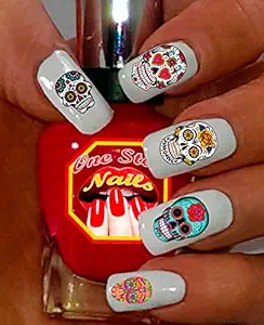 Sugar Skull Nail Art Decals (Tattoo). Set of 63 Clear waterslide nail art decals. Dia de los Muertos. SS001-63 by One Stop Nails - sugar skull temporary tattoo