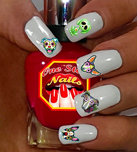 Sugar Skull Dog Nail Art Decals (Tattoo). Set of 56 Clear waterslide nail art decals. Dia de los Muertos. SSD001-56 by One Stop Nails - sugar skull nail art