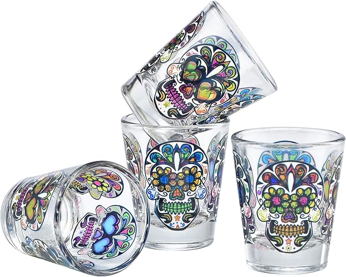 Culver Sugar Skulls Decorated Shot Glasses, 1.75-Ounce, Set of 4 - sugar skull tumbler with straw