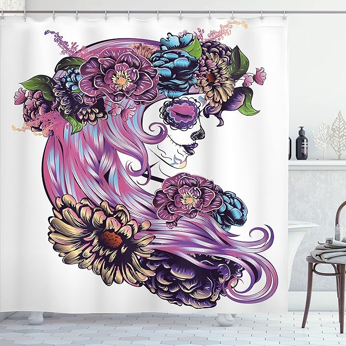 Ambesonne Gothic Shower Curtain, Day of Dead Illustration with Sugar Skull Girl in Flower Wreath, Cloth Fabric Bathroom Decor Set with Hooks, 69" W x 75" L, Purple Blue - sugar skull wreath for front door