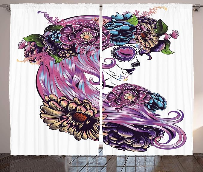 Ambesonne Gothic Curtains, Day of Dead Concept Illustration with Mexican Sugar Skull Girl in Flower Wreath Tattoo Style Print, Living Room Bedroom Window Drapes 2 Panel Set, 108" X 84", Purple Pink - sugar skull wreath for front door