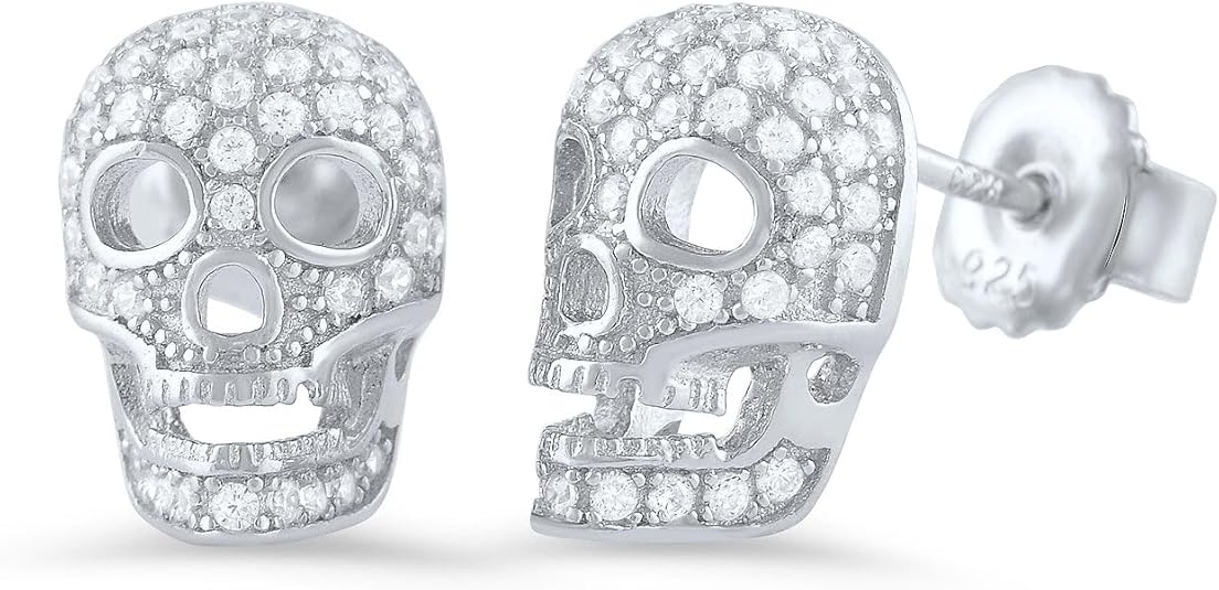 Rhodium Plated Sterling Silver Womens Cz Bling Sugar Skull Womens Stud Earrings - Halloween Gifts for Mom Wife Girlfriend - 11mm - sugar skull plates set