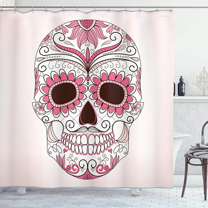 Ambesonne Skull Shower Curtain, Day of The Dead Girly Colors Skull with Floral Ornamental Design Symbolic Artwork, Cloth Fabric Bathroom Decor Set with Hooks, 69" W x 84" L, Pink Brown - sugar skull shower curtain set