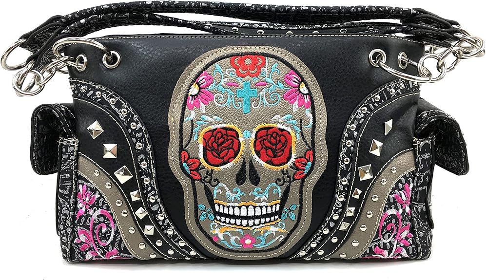 Fashion Floral Embroidery Rhinestone Skull Shoulder Concealed Carry Handbag Purse - sugar skull handbags for sale