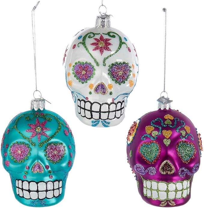 Kurt S. Adler Noble Gems™ Sugar Skull Glass Ornaments, 3 Assorted,Christmas - sugar skull christmas ornament
