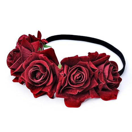 DreamLily Rose Flower Crown Wedding Festival Headband Hair Garland Wedding Headpiece (1-Burgundy) - sugar skull flower crown